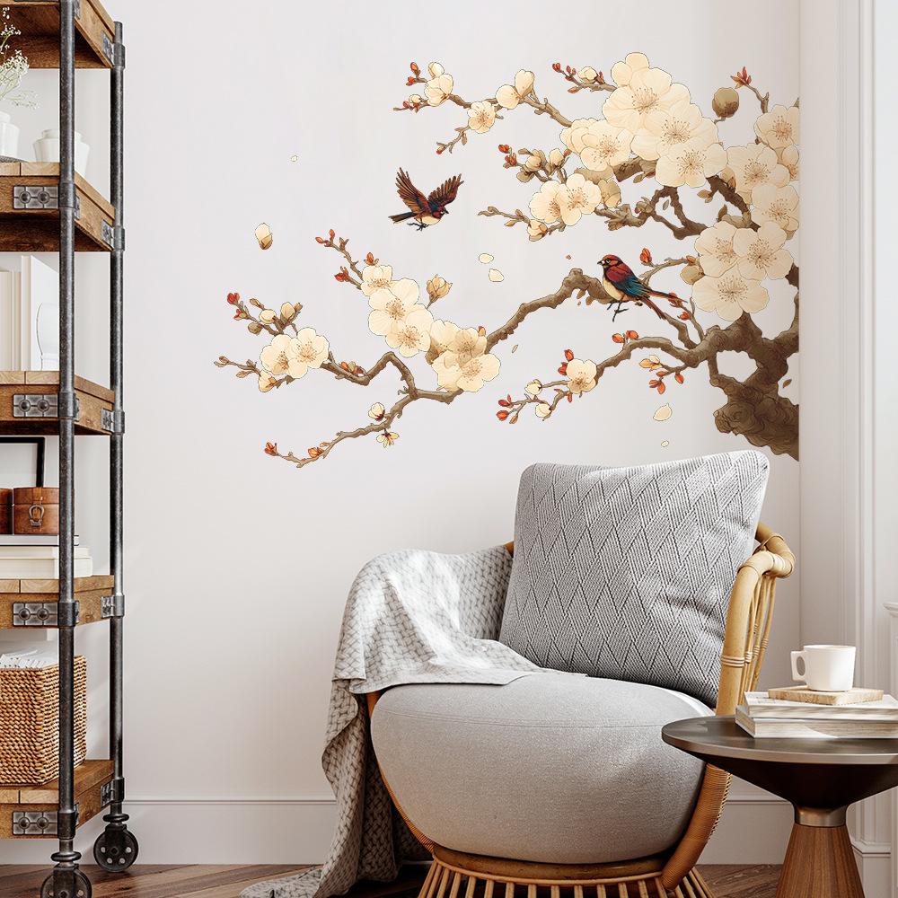 Painted Flower, Branch and Magpie Home Background Wall Decoration Stickers
