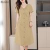 ZANZEA Women Daily Casual V-Neck Solid Color Summer Short Sleeve Dress