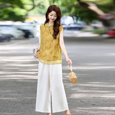 Xia's New Small Man Wears a Complete Set of Sleeveless Tops and Wide-leg Pants, and a Two-piece Suit for Women.