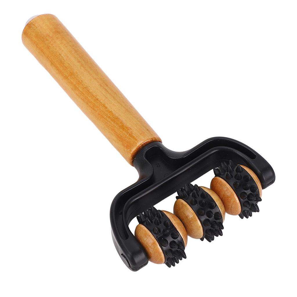 Handheld Spiky Massage Balls Roller 3 Wheels Ergonomic Handle Wooden Muscle Massage Roller Tool