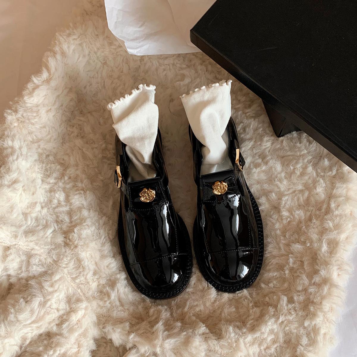 

Cowhide version~ French retro Mary Jane small leather shoes women s camellia with gold coins loafers genuine leather single shoes 40