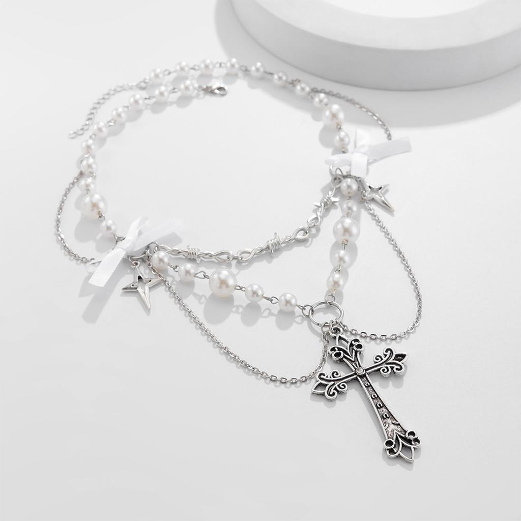 Sweet and Cool Bowknot Choker Unique Crosses Pendant Necklace with Pearls and Bowknot for a Fashion Statement