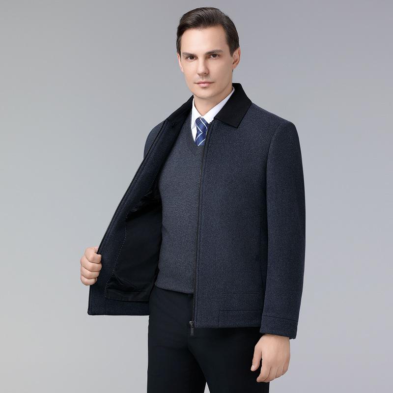 

Брендовая мужская шерстяная куртка с воротником-стойкой и лацканами для мужчин среднего и пожилого возраста - Осенне-зимнее деловое пальто из овечьей шерсти M темно-серого