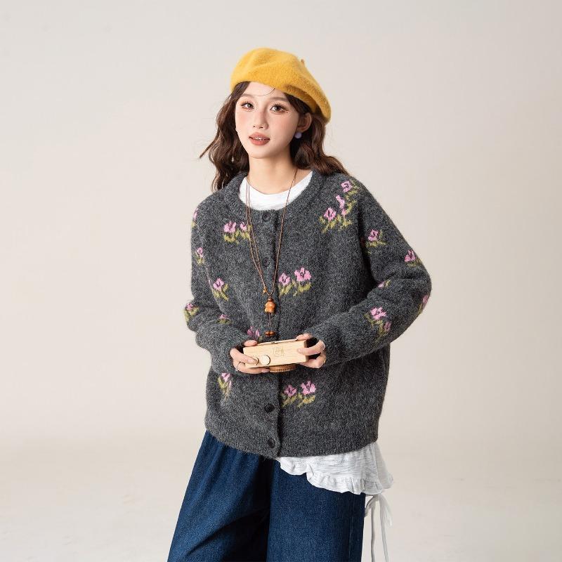 Vintage Green Flower Crew Neck Sweater Jacket Women's Autumn and Winter Loose Soft Waxy Knitted Cardigan Top