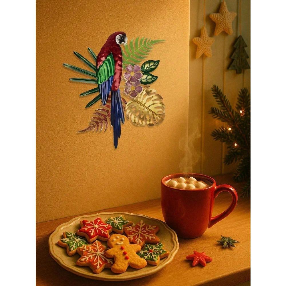 Vintage Metal Parrot Wall Art, Tropical Floral Colorful Bird Decor, Bohemian Kitchen Sign, Farmhouse Coffee Shop Hanging, Unique Gift for Women