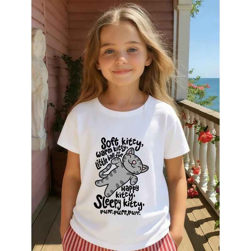

European sizes Cute Cartoon Cat Print T-Shirt with a Round Neck, Knitted for Girls. A Stylish And Comfortable Summer Top for Girls 98cm белый