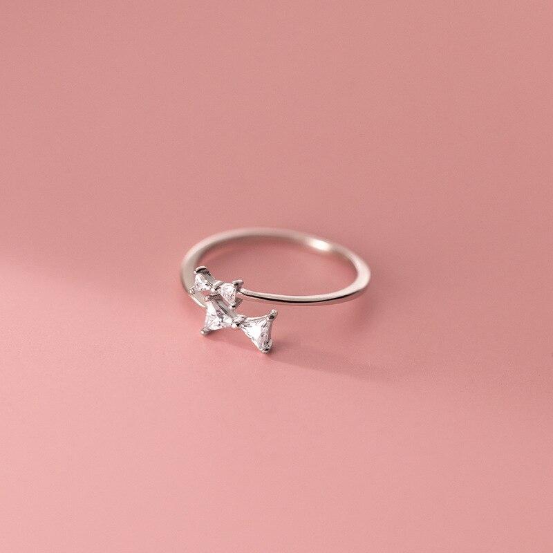 Real Sterling Tone Adorable White Zircon Stone Bowknot Open Rings Fine For Women Adjustable Rings Hypoallergenic JewelryCute Finger Ring