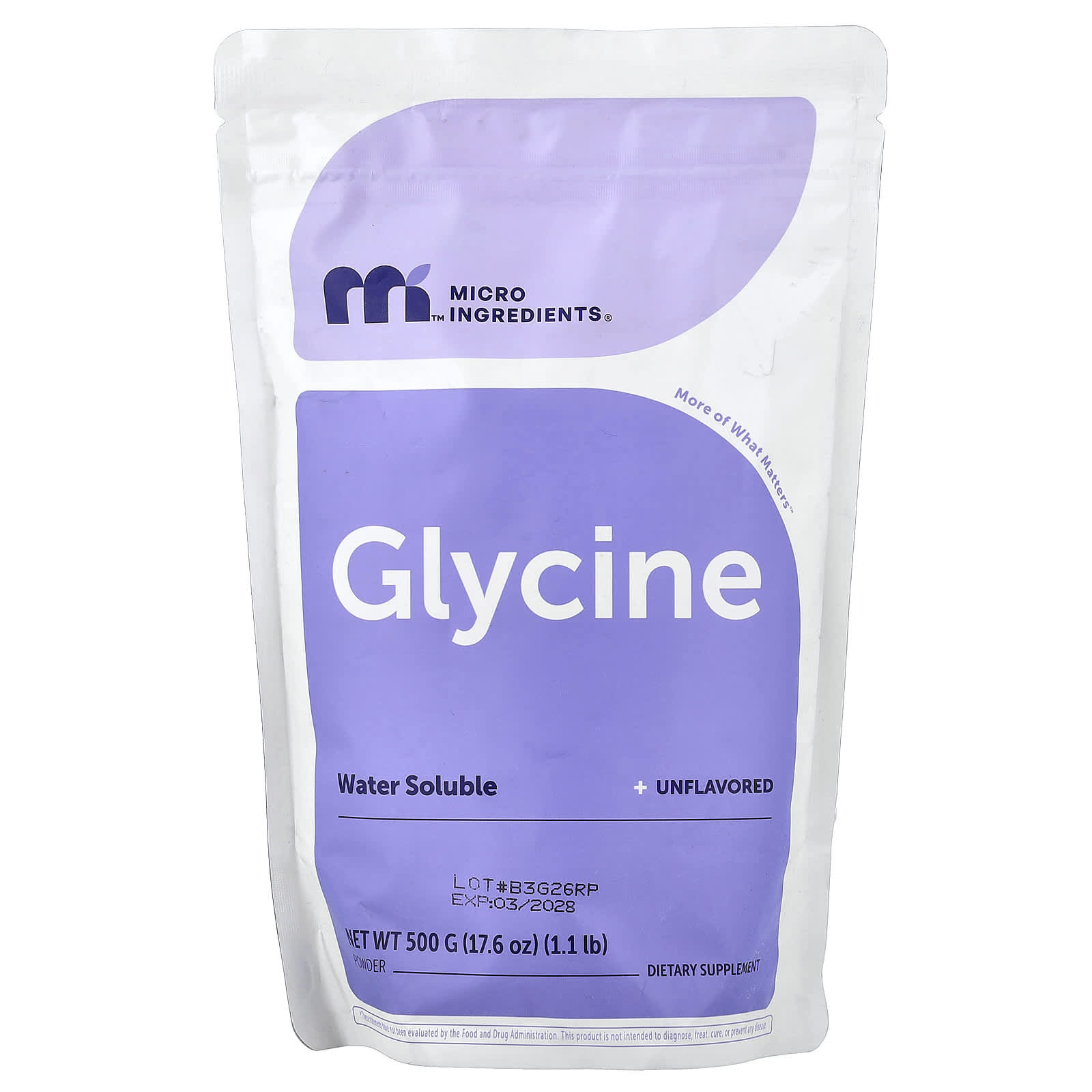 Micro Ingrédients, Poudre de Glycine, Sans Arôme, 500g (1.1lb)
