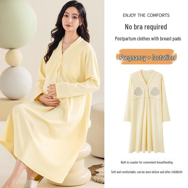Bavlnová těhotenská noční košile s prsními vložkami pro předporodní a poporodní kojení, jarní/podzimní nošení