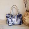 Canvas Striped Tote Bag - Women's College Style Handbag & Shoulder Bag