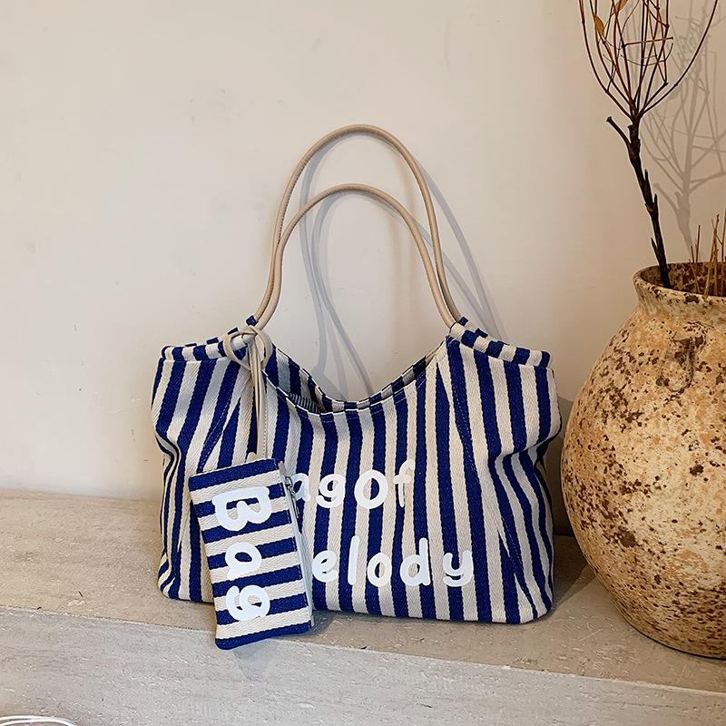 Canvas Striped Tote Bag - Women's College Style Handbag & Shoulder Bag