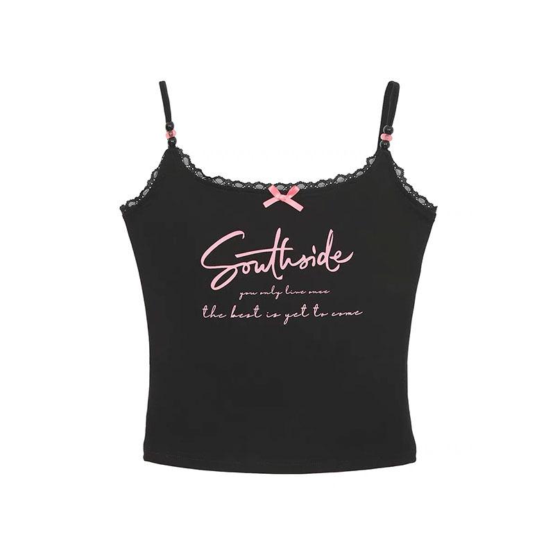 

American Sweet Spice Girl Letter Printed Small Suspender T-Shirt Women s Pure Lace Bow Vest Slim-Fit Short Top S