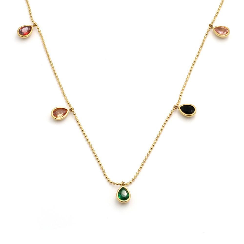 Bohemian Style Multi-Color Contrasting Color Color Water Drop Shape Zircon Collarbone Chain Necklace Women'S Fashion Titanium Steel Jewelry