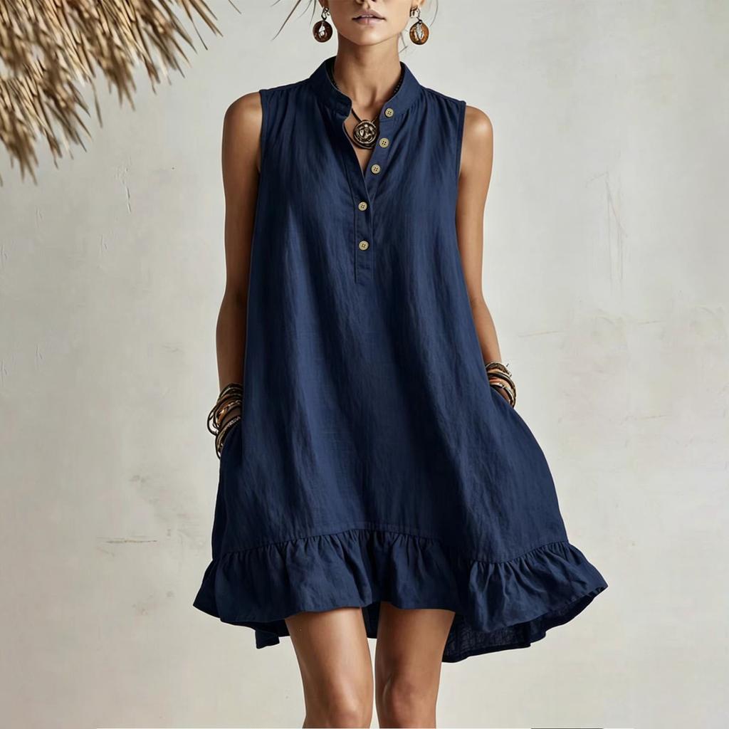 Women Sleeveless Linen Cotton Dress Loose Fit Casual Summer Dress Button Front Ruffle Hem Lightweight Breathable Tunic Dress