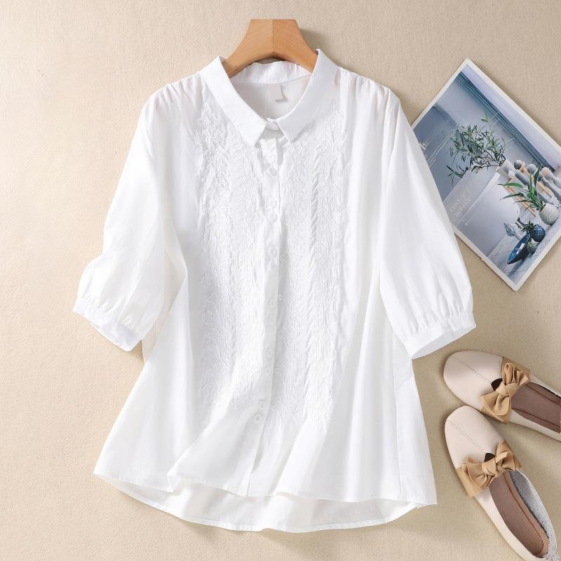 Seven Quarter Sleeve Embroidered Cotton Linen Shirt Women's Artistic Retro Design Sense Top for Spring Summer Shirt