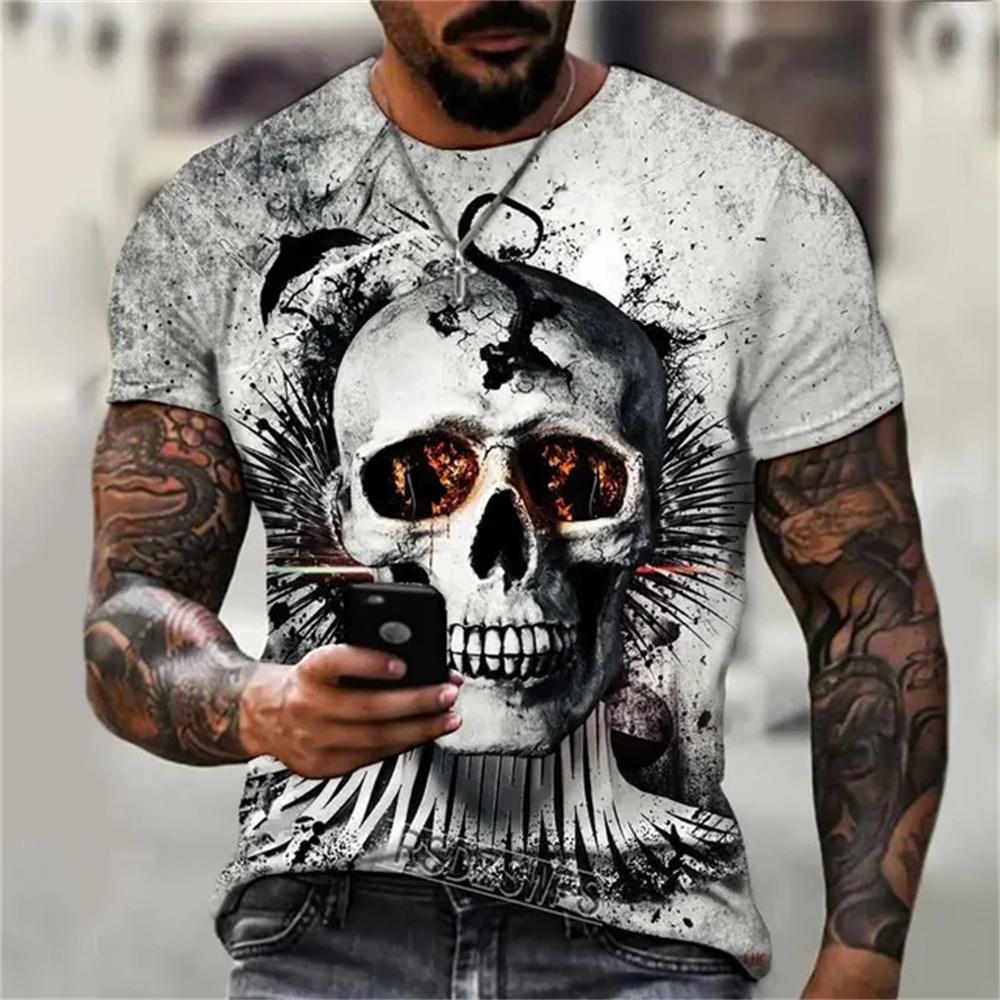 Summer Round Neck 3D Interesting and Terrifying Skull Pattern Print Top Fashionable Casual Short Sleeved Men's T-shirts