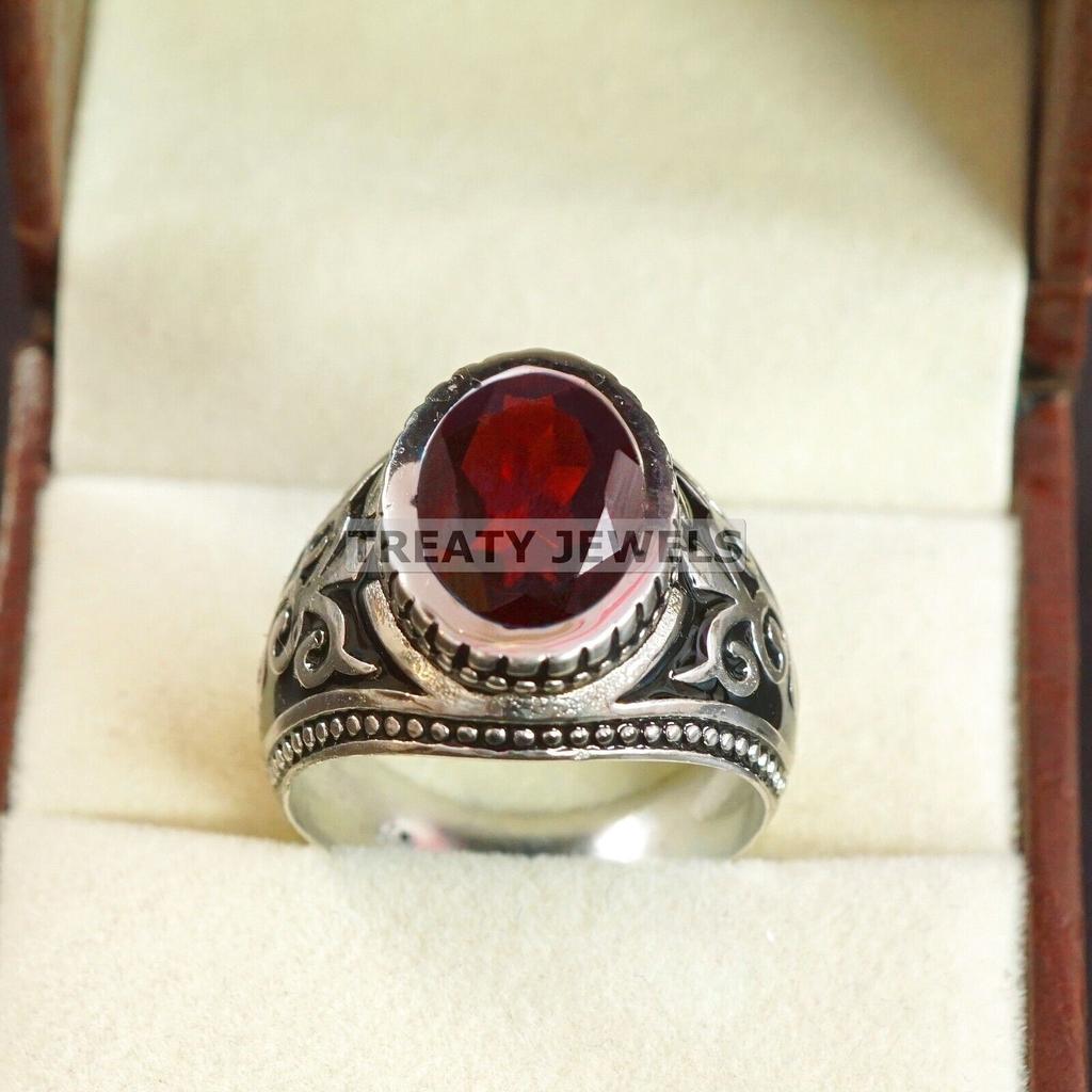 Garnet Oval Cut Gemstone With 925 Sterling Silver Ring For Men's #B88 JL375671415355