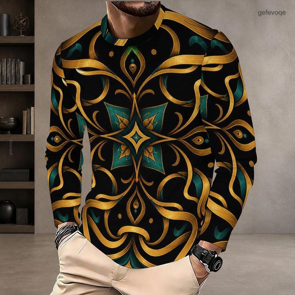 Men s Plus Size Round Neck Long Sleeve Printed T Shirt White Green Pullover Straight Hem