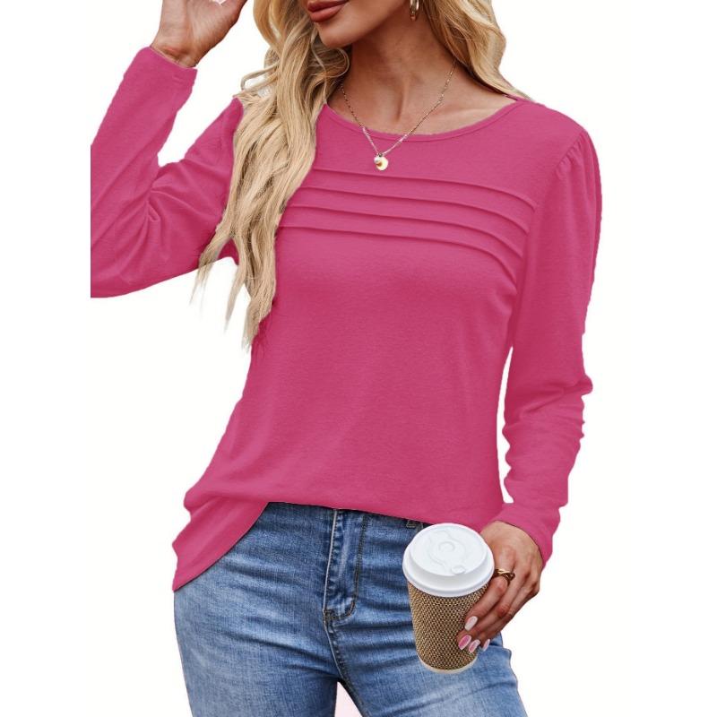 Women's Spring and Autumn Solid Color Loose Round Neck Pleated Long Sleeve Top