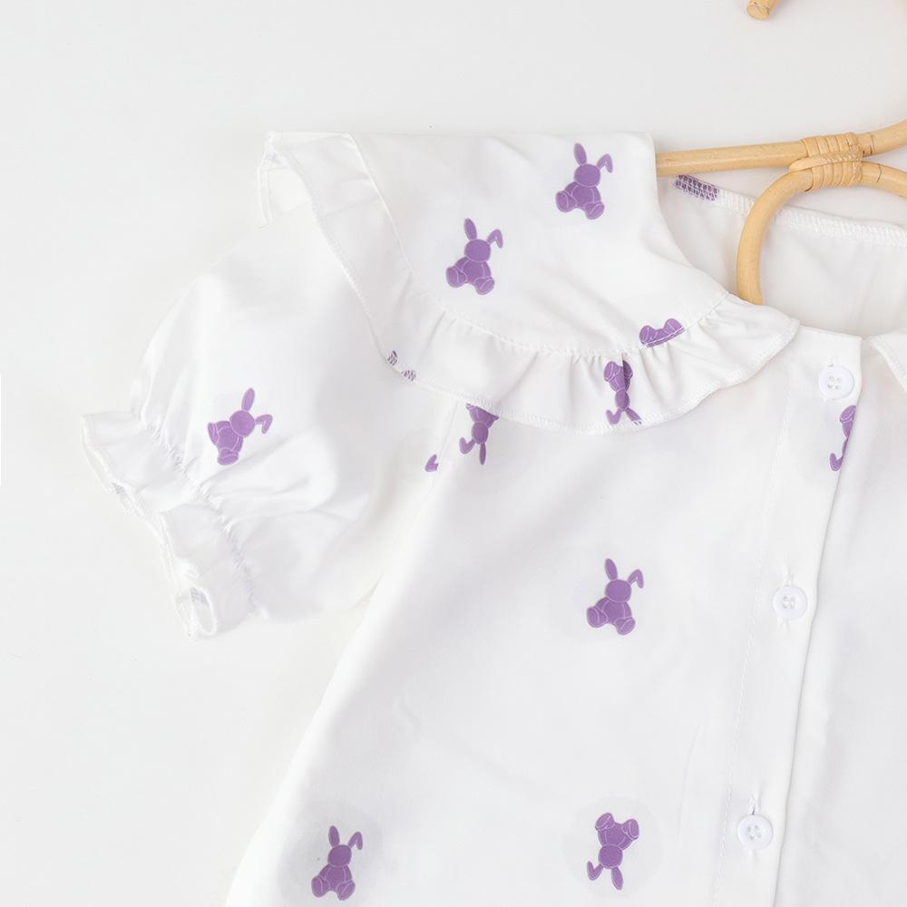 Conjunto de Falda Plisada Preppy de Verano para Niñas con Manga Corta Fruncida y Bordado de Conejo Conjunto de Dos Piezas para Niños