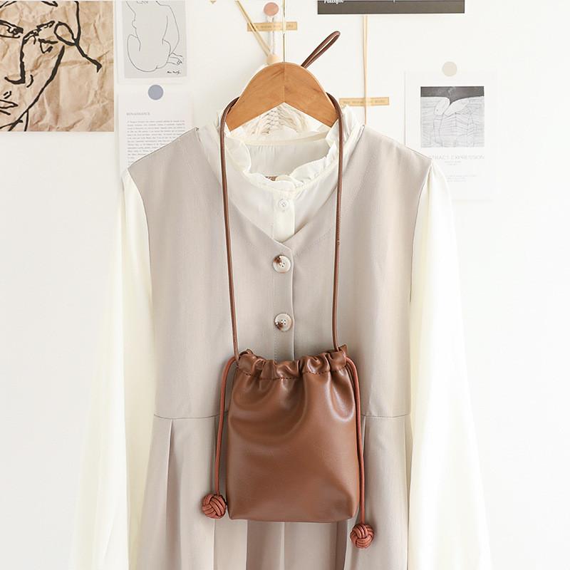 IELGY Korean Version All-Match Mini Drawstring Bucket Bag Retro Texture Soft Leather Shopping Mobile Phone Bag Cute Shoulder Crossbody