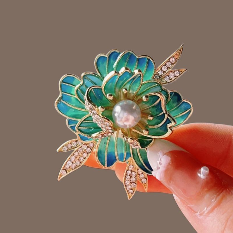 Брошь Цветок Пиона с Жемчугом - Женская Высококлассная Булавка со Скрытым Застегиванием на Талии с Антибликовым Покрытием синий
