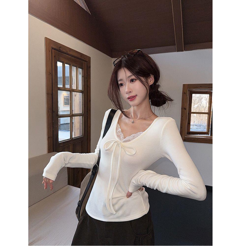 White Lace V-Neck Slim Fit Long-Sleeve Women s Top - Autumn/Winter Design Small грязно-белый