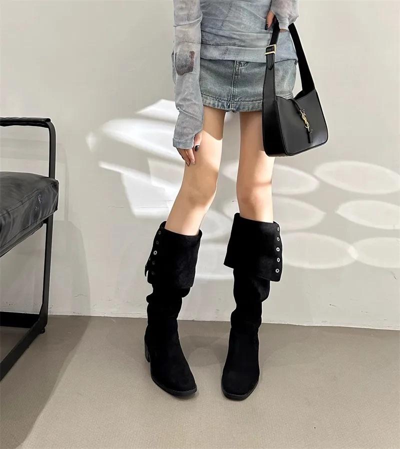 New Vintage Women'S High Heel Slim Boots Long Denim Boots Middle Heel Stackable Western Style Rubber Material Fall Winter