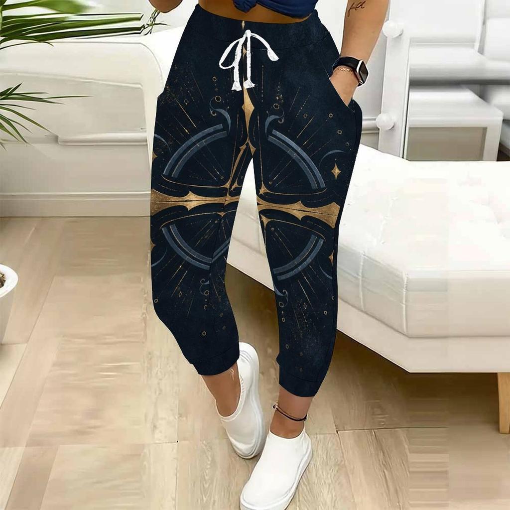 Women Plus Size Printed Jogger Pants Dark Navy Gold Pattern Drawstring Waist Side Pockets Cuffed Ankle