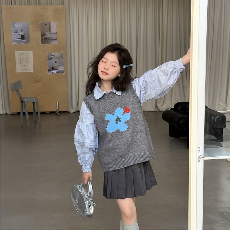 Girls 2-Piece Set Long Sleeve Shirt Vest School Style Kids Fall Outfits 120-170cm