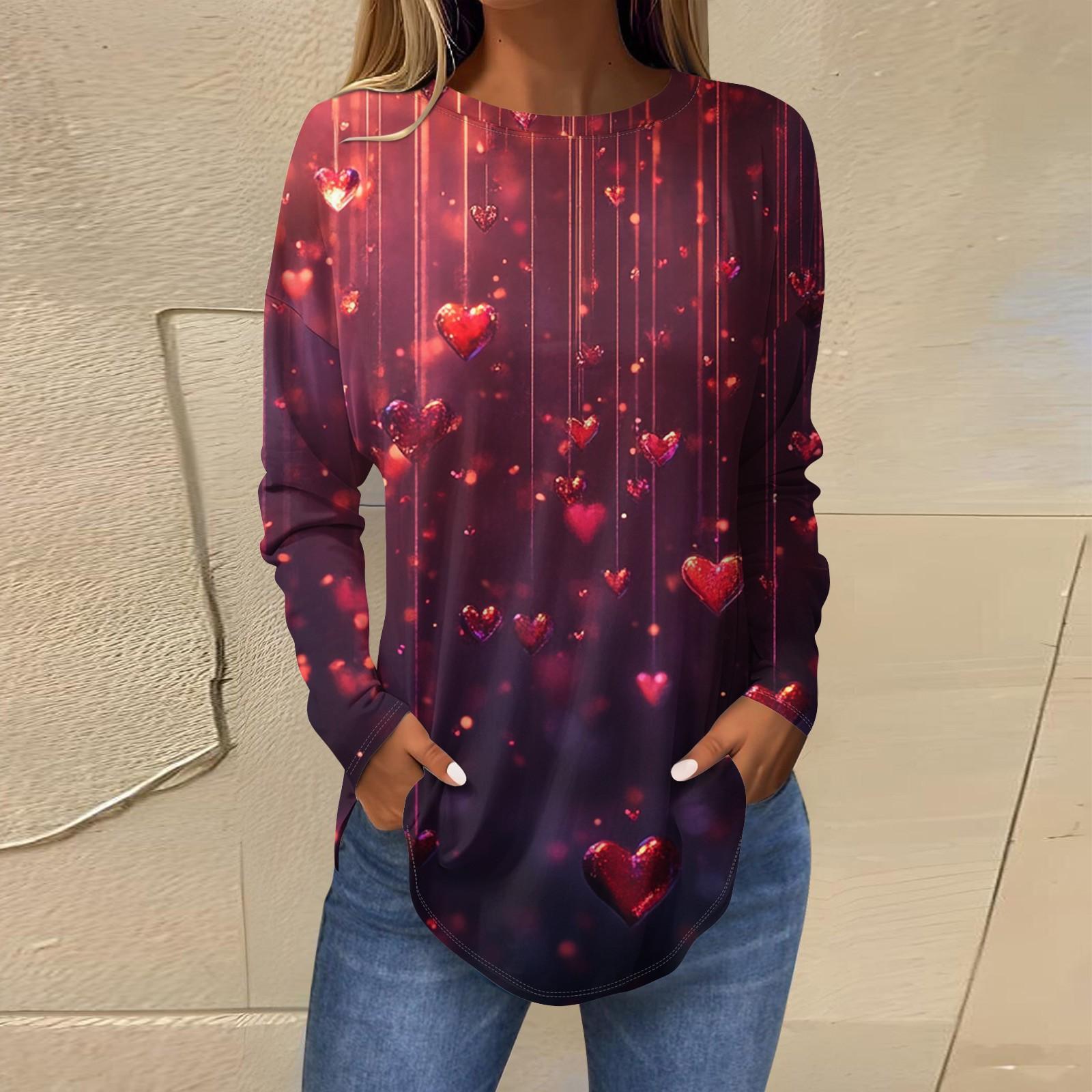

Женская свободная футболка с круглым вырезом и принтом в виде сердца ко Дню святого Валентина, длинный рукав, топ, пуловер L киноварь