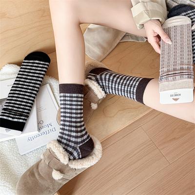 Winter Thickened Cashmere Checkered Striped Mid-calf Women's Socks Versatile Pile Socks