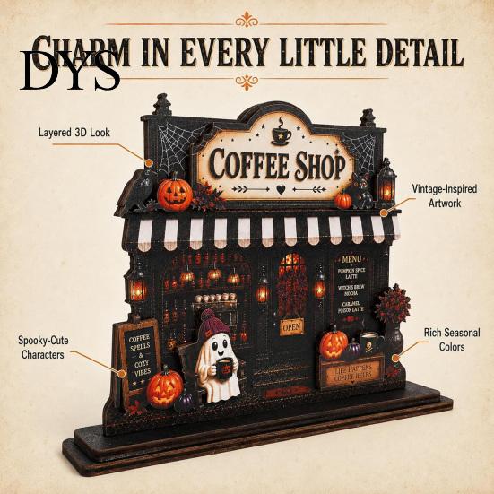 Pumpkin And Ghost Home Decor Wooden Halloween Coffee Bar Sign, Fall Harvest Tabletop Plaque with Spooky Table Centerpieces Cat, Retro Shop Ornament