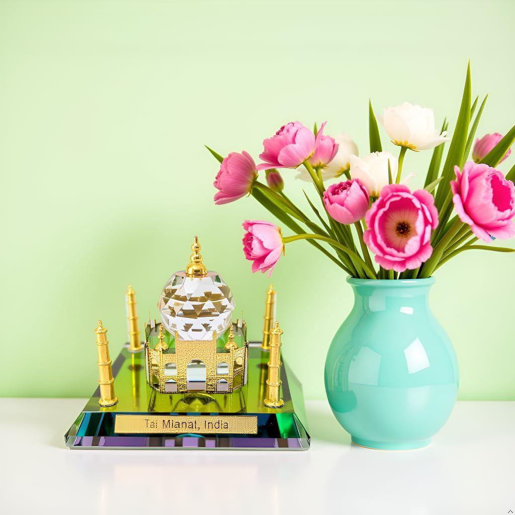 Crystal Taj Mahal Showpiece with Golden Multicolor Hue Home Decor Gift Corporate Office Gift Car Dashboard Showpiece Collectable