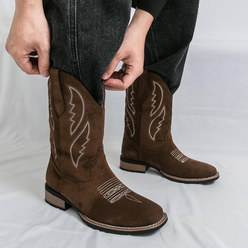 Neue Western Herren Cowboy Stiefel Vintage Mittelhohe Motorradstiefel Mode Wildleder Herren Stiefel Outdoor Freizeit Reitstiefel