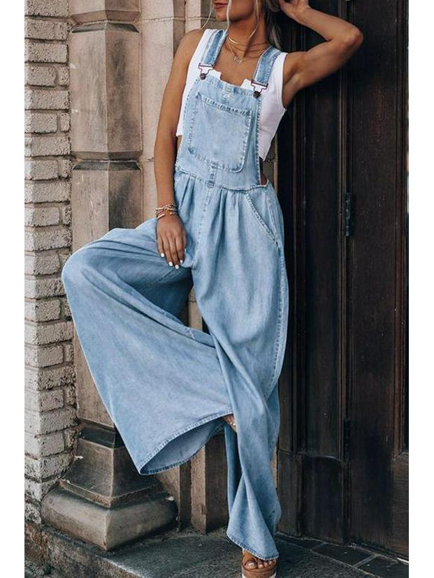 

Женский джинсовый комбинезон без рукавов свободного кроя с боковыми карманами - Летняя коллекция Extra Large светло-синий