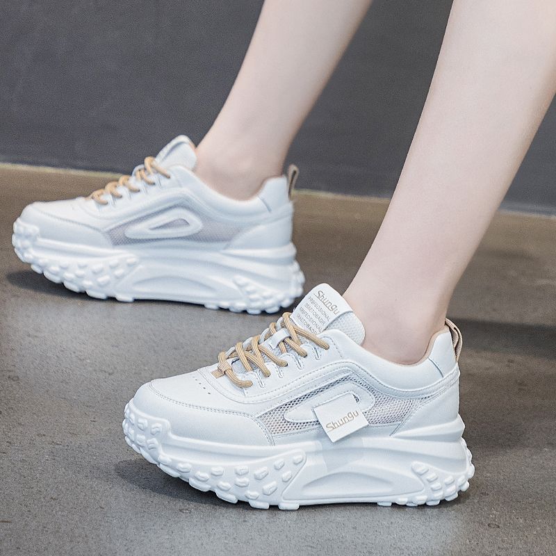 Soft leather thick-soled popular dad shoes women's height increased by 5cm spring and autumn mesh breathable sports casual white shoes