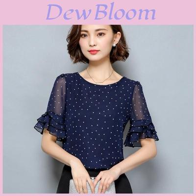 Summer Women Polka Dot Print Short Trumpet Sleeve Tops Stylish Casual Shirt