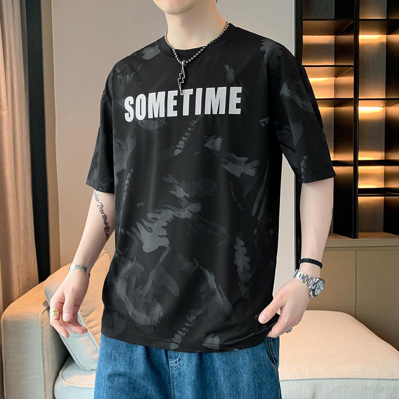 Ice Silk T-shirt for Men's Summer Short Sleeved Thin Letter Printed Round Neck Clothing Cool and Loose Fitting Top