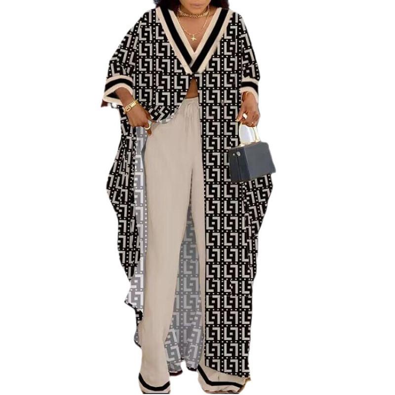 Women's Loose Large Size Three-quarter Sleeve V-neck Button Printed Robe Drawstring Trousers Two-piece Set