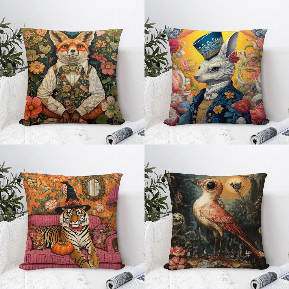 Home Decor Whimsical Animals Fox Rabbit Tiger Bird Pattern Cushion Cover Suitable For Sofa Bedroom Car Pillow Cover