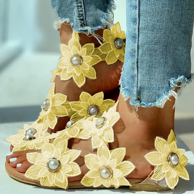 New Summer Ladies Shoes Women Sandals White Floral Flat Sandals Women Bohemian Casual Beach Shoes For Woman