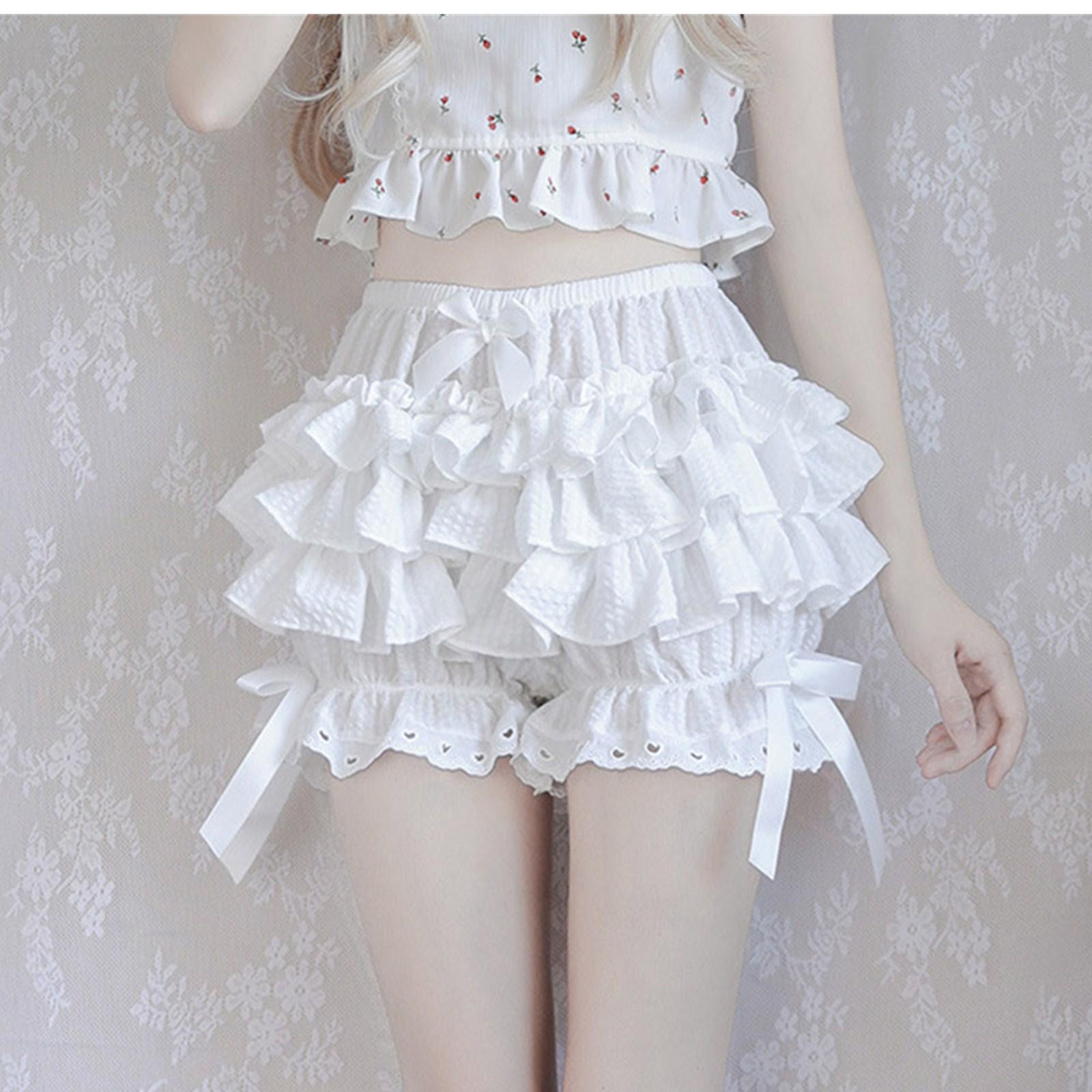 Damen Spitze Rüschen Bloomers Shorts Mehrlagig Pettihosen Viktorianische Kürbis Hosen Höschen Booty Shorts Lolita Kleid Sicherheitsshorts S weiß