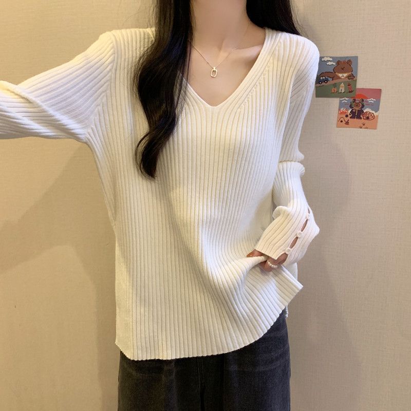 Pulover de damă de toamnă și iarnă din tricot largi, cu decolteu în V de culoare uni, top simplu