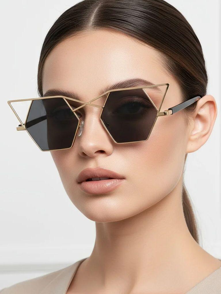 Geometric Hollow Out Sunglasses, Metal Frame Polygon Shades, Fashionable Styling Sun Protection Glasses 1209