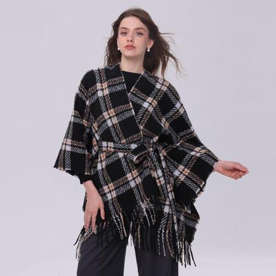 Plaid Shawl Cape with Waist Belt and Scarf Feature
