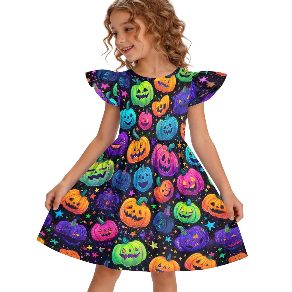 Girls Halloween Dress Flutter Sleeve Dress Ghost Print Patchwork Dress Kids Party Dress A-Line Dress for Toddler and Little Girls