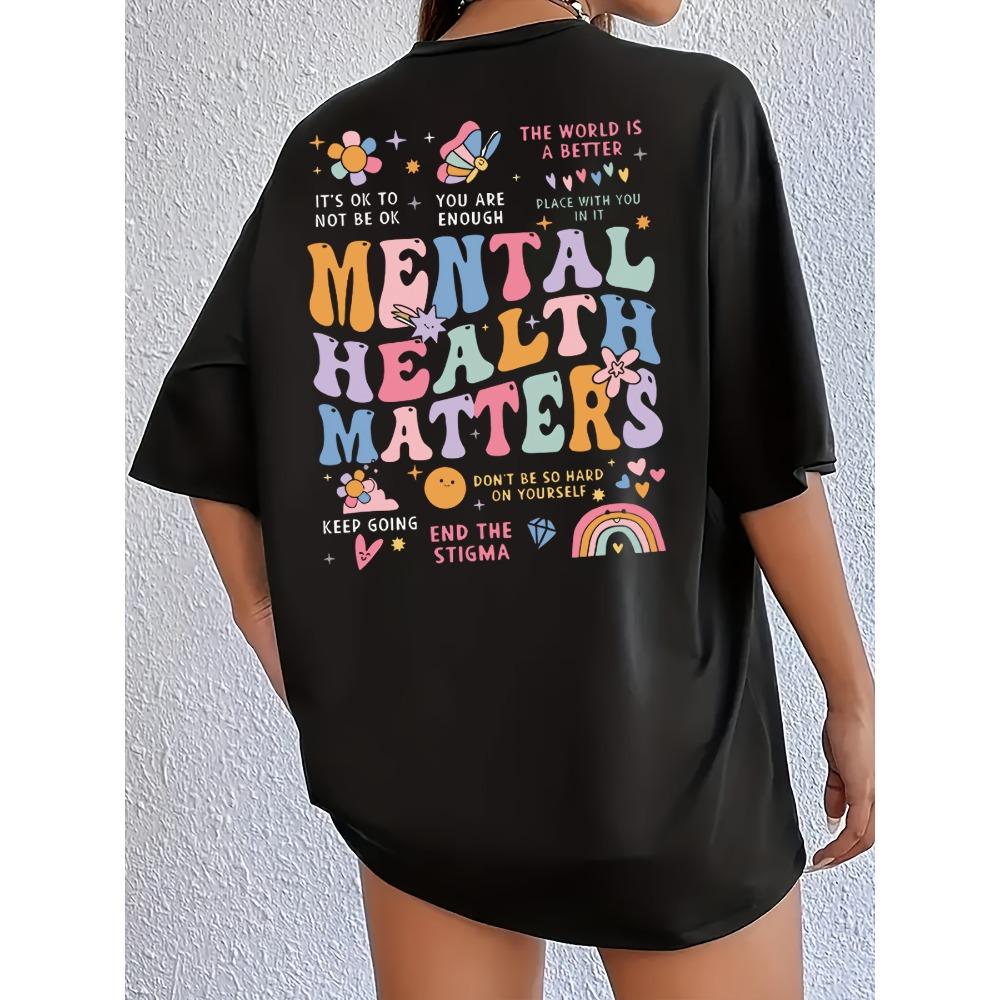 

Unisextal Health Matters Womens Tee Positive Graphic Casual Black Oversized Top Shirts for Women Aesthetic Clothes S