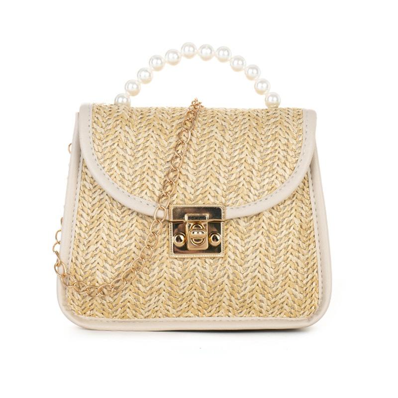 Straw Women's Bag Spring New Beaded Portable Small Square Bag Fashion Lock Bag Chain Shoulder Bag One Piece