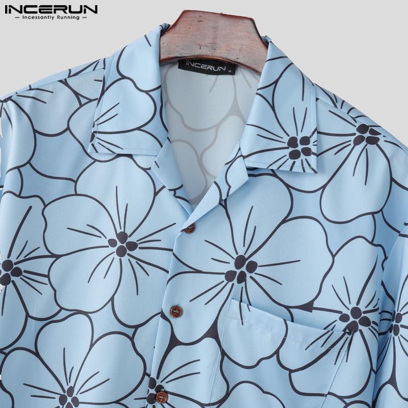 INCERUN Oversized Men Lapel Neck Half Sleeve Floral Print Casual Shirts